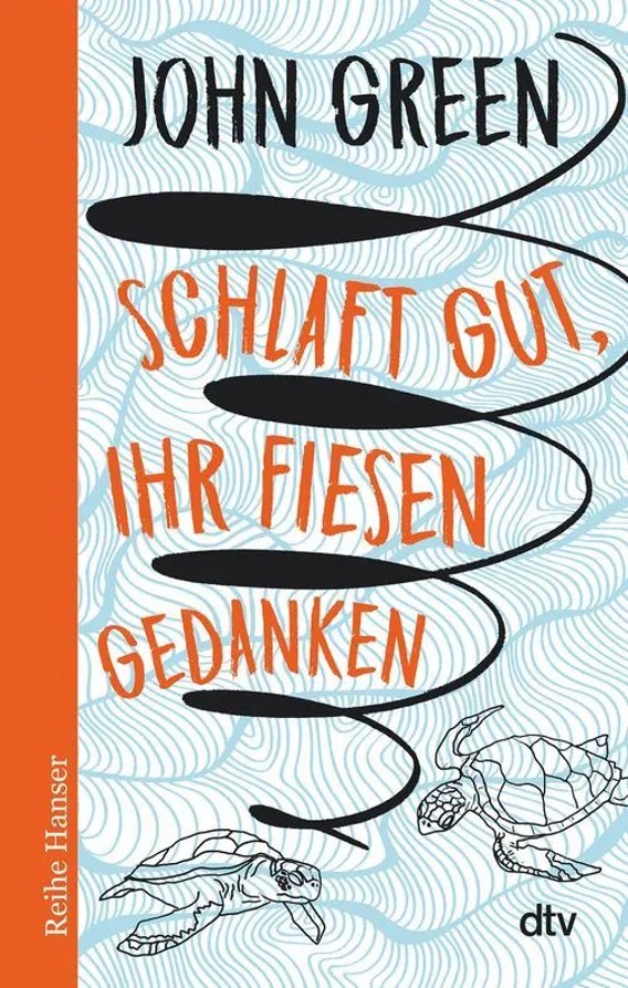 Buchcover mit zwei schematisch dargestellten Schildrkröten am unteren Rand; Autor (John Green) und Titel des Romans (Schlaft gut, ihr fiesen Gedanken) sind in Spiralform und in blauer sowie orangefarbener Schrift groß notiert.