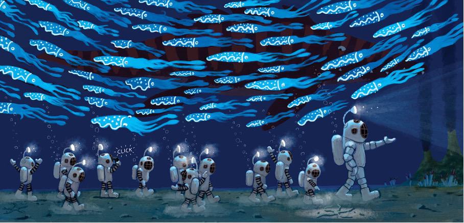 Abb. 1: Die Tiefsee-Gruppe unter einem fluoreszierenden Quallenschwarm – und wer schwimmt dahinter? (Quelle: Hares Portfolio, 2021, Veröffentlichung mit Erlaubnis des Autors)