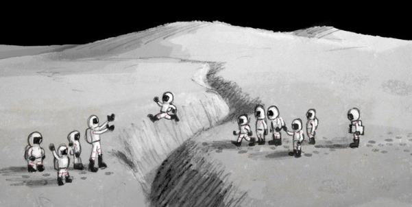 Abb. 2: Skizze der Ausflugsgruppe beim Sprung über einen Mondgraben, ganz rechts das Kind mit Malblock (Quelle: Blogeintrag Hares vom 23.01.2017)