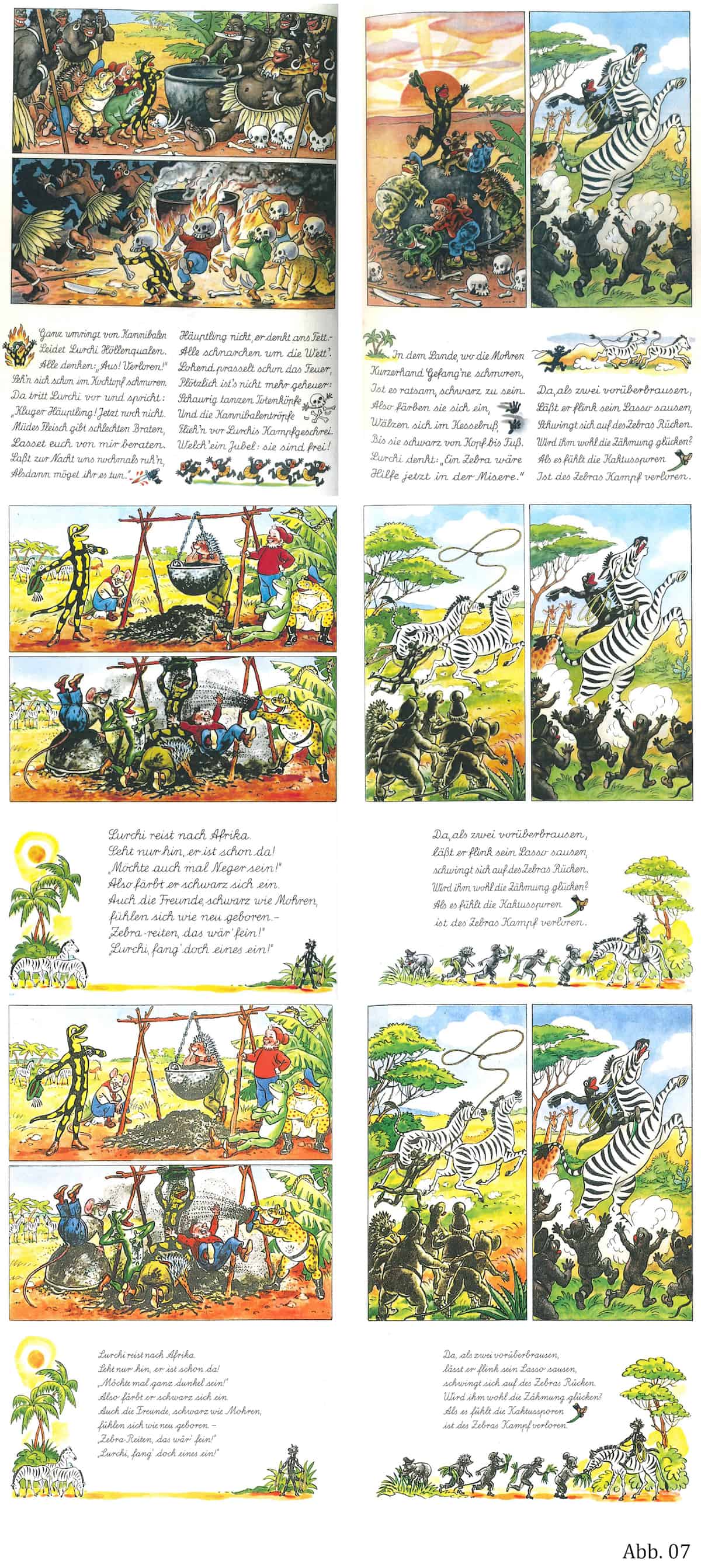 Abb. 7: Zensurgeschichte von den 'wilden' Kannibalen bis nach Afrika (Böhm 1984, S. 8; LI alt, S. 68f.; L1, S. 68f.)