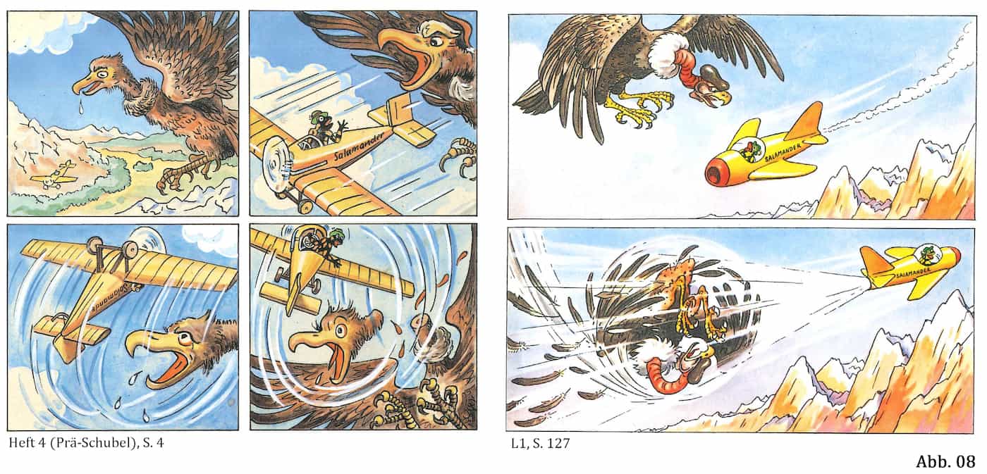 Abb. 8: Geier, geköpft vs. Geier, gerupft (Lurchi – dem Feuersalamander auf der Spur 1994, S. 89; L1, S. 127)