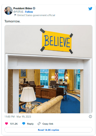 Abb. 5: Auf seinem Twitter-Account hat der amerikanische Präsident mit Ted Lassos Lebensmotto „Believe“ auf das Treffen am nächsten Tag hingewiesen.