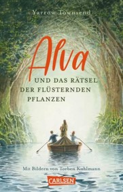 Cover des Romans mit Ruderboot und drei Personen in unterer Bildhälfte, die sich auf einem Fluss umgeben von Bäumen befinden