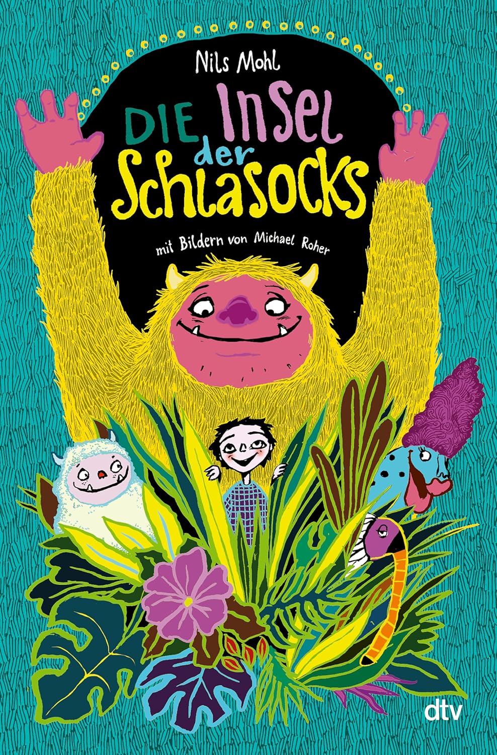 Cover Insel der Schlasocks mit Titel in türkis und gelbem Monster