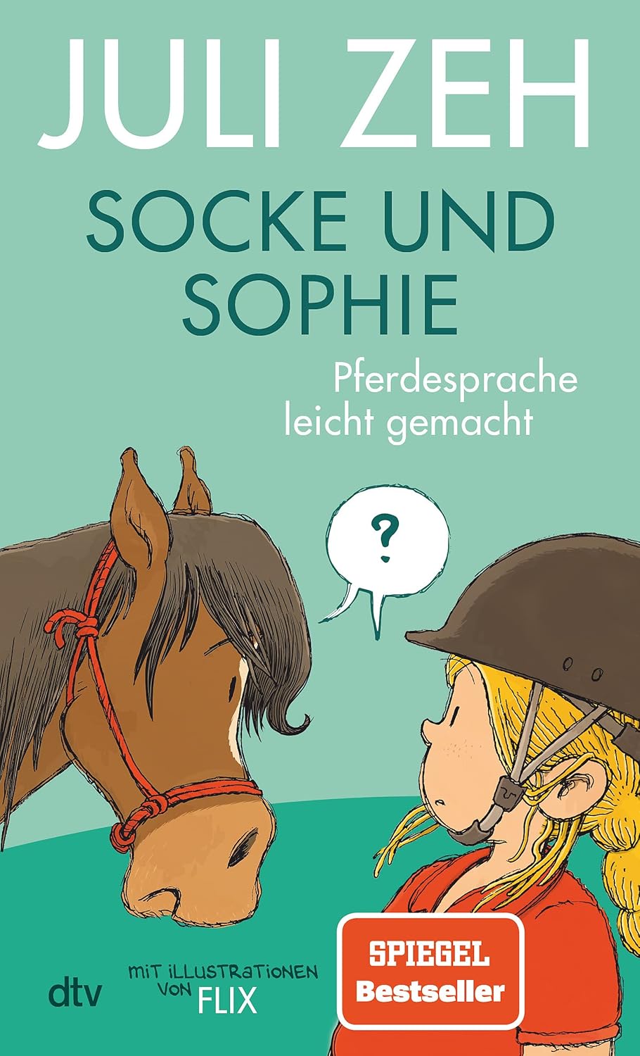 Dargestellt sind ein Pferdekopf und der Oberkörper einer jugendlichen Reiterin mit Helm; beide schauen sich an. Zwischen ihnen ist eine Sprechblase mit Fragezeichen.