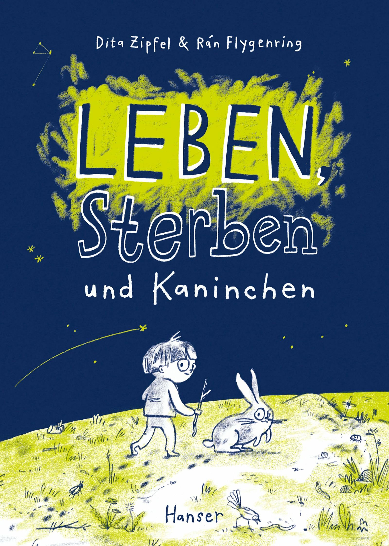 Cover des Romans mit blauem Hintergrund und gelbgrünen Akzenten: Titel in der oberen Hälfte und darunter ist im Comic-Stil ein Kind mit Hase auf einer Wiese zu sehen